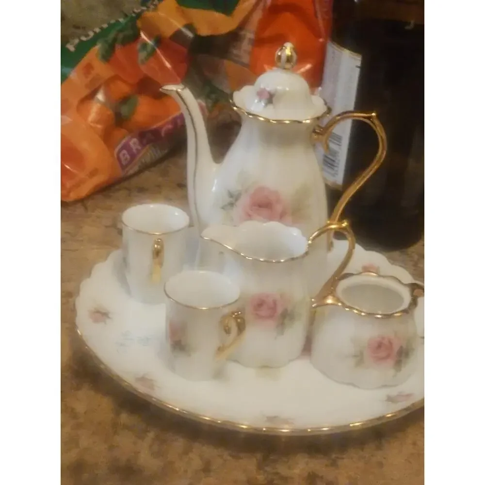 Victorian 10 Piece Porcelain Pink Rose Mini Tea Set With Gold Trim Dollhouse